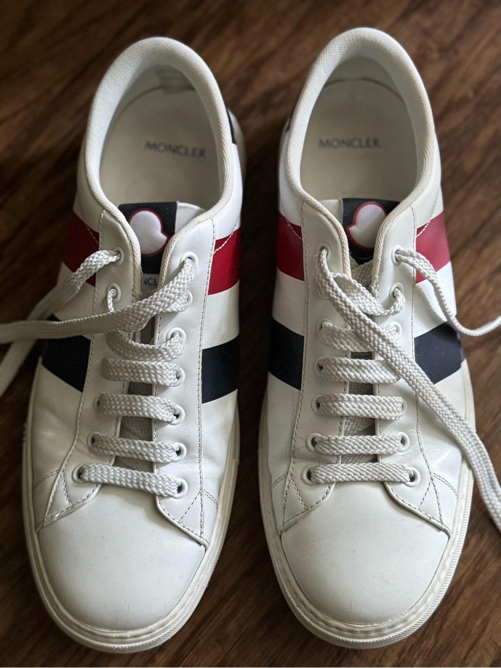 Moncler Montpellier White Leather Sneakers with Red & Navy Stripes